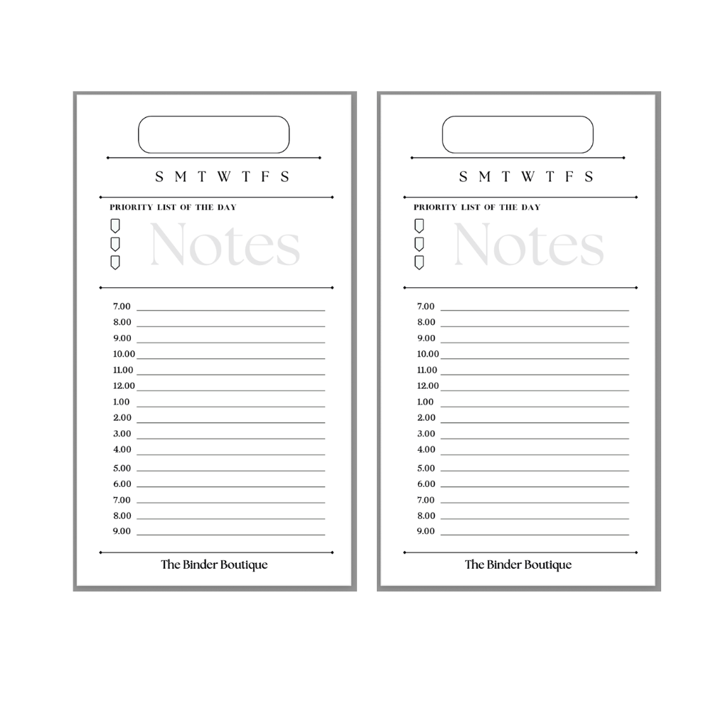 The Boutique Signature Collection  - Undated daily planner insert showing hourly schedule and priority list by The Binder Boutique